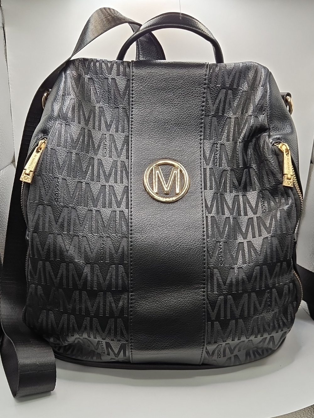 ⭕️ M Marco - Monogrammed Vegan Leather Backpack. Great Shape All Zippers Work